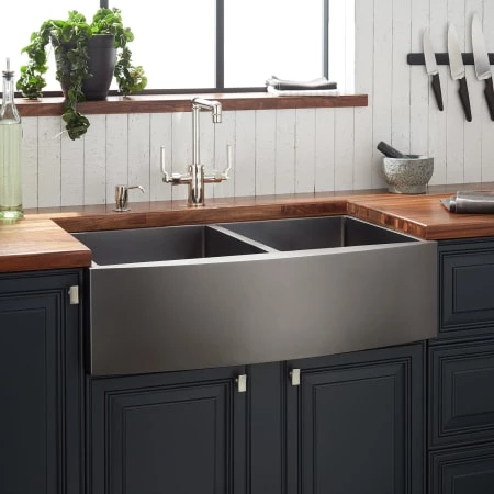 Signature Hardware Atlas 33" Farmhouse Double Basin Stainless Steel Kitchen Sink