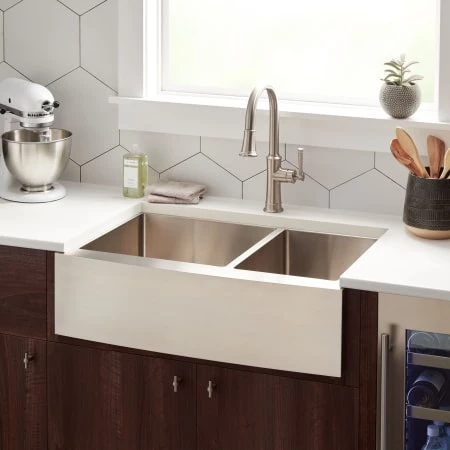 Signature Hardware Fournier 33" Farmhouse 60/40 Double Basin Stainless Steel Kitchen Sink with Curved Front