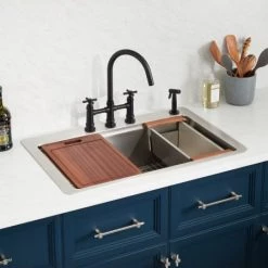 Signature Hardware Melbrook 33" Drop In Single Basin Stainless Steel Kitchen Sink with 4 Faucet Holes at 8" Centers, Basin Rack, Colander and Cutting Board