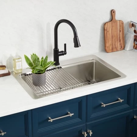 Signature Hardware Melbrook 33" Drop In Single Basin Stainless Steel Kitchen Sink with Single Faucet Hole, Basin Rack, Colander and Cutting Board - Image 2