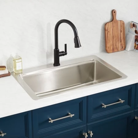Signature Hardware Melbrook 33" Drop In Single Basin Stainless Steel Kitchen Sink with Single Faucet Hole, Basin Rack, Colander and Cutting Board - Image 3